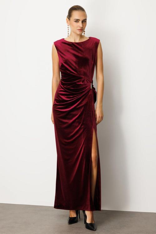 Kadın Beli Büzgülü Maxi Kadife Elbise 4141 Bordo