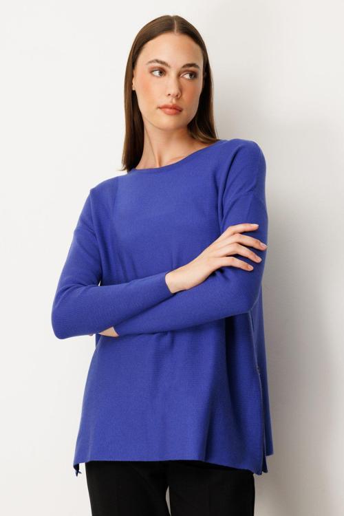 Kadın Yanları Fermuarlı Sıfır Yaka Triko Kazak 65318 Saks