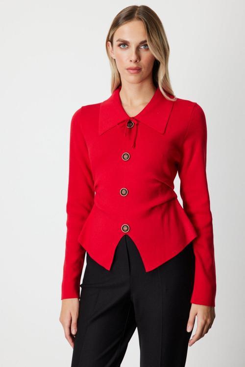 Kadın Süs Düğmeli Büzgü Detaylı Triko Kazak 65353 Kırmızı