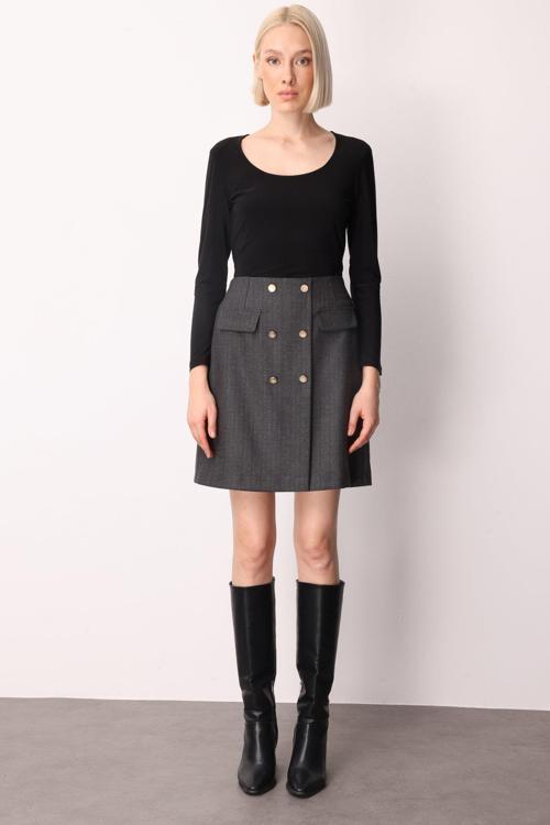 Kadın Beli Lastikli Süs Düğmeli Mini Etek 2019 Siyah