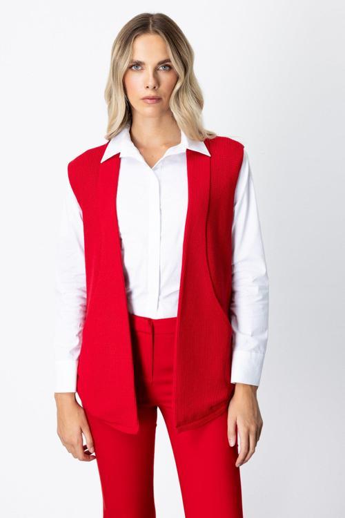 Kadın Önü Açık Uzun Örme Yelek 65908 Kırmızı