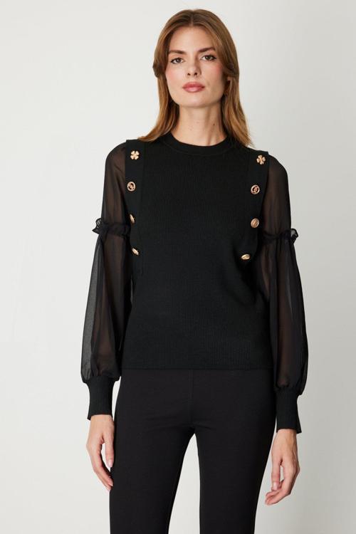 Kadın Balon Kol Süs Düğmeli Triko Kazak 60416 Siyah