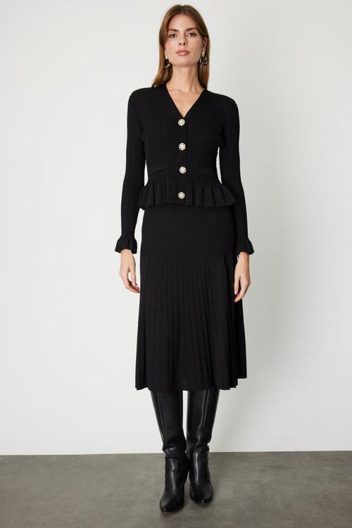 Kadın Piliseli Midi Triko Etek 69201 Siyah