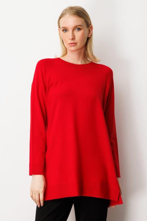 Kadın Arkası Düğmeli Sıfır Yaka Kazak 65413 Kırmızı