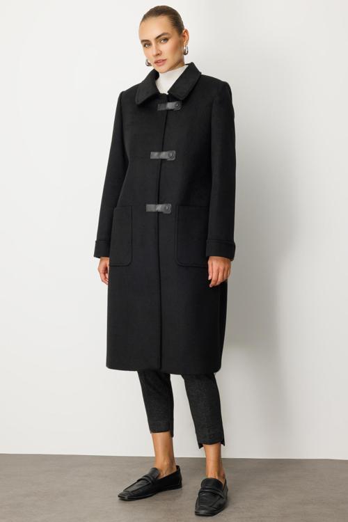 Kadın Deri Çıtçıtlı Torba Cepli Kaban 6075 Siyah