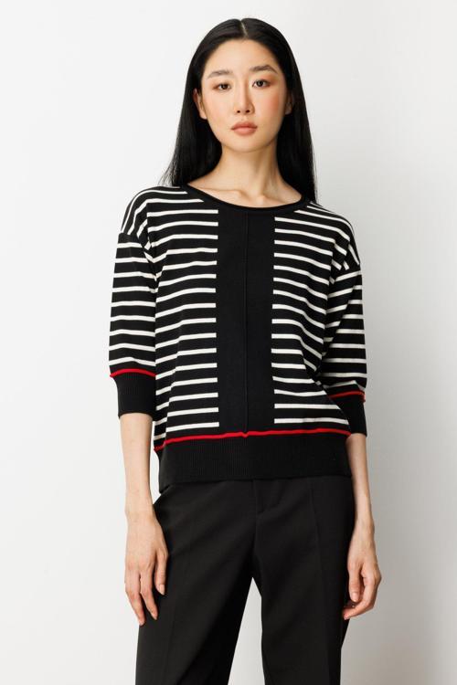 Kadın Yarım Kol Çizgili Kazak 65302 Siyah