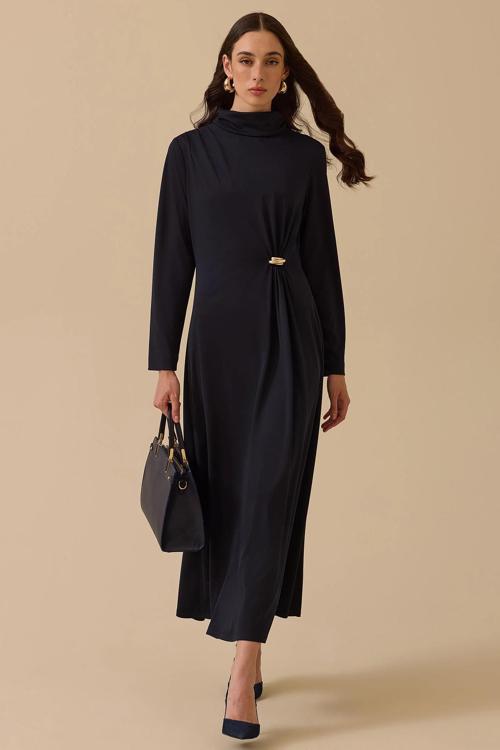 Kadın Metal Aksesuarlı Drapeli Elbise 1025 Lacivert