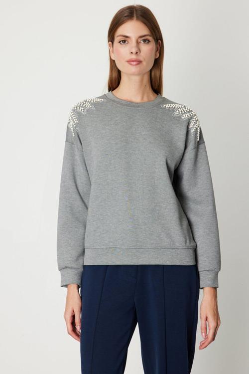 Kadın Omuzları İncili Sweat 66338 Gri