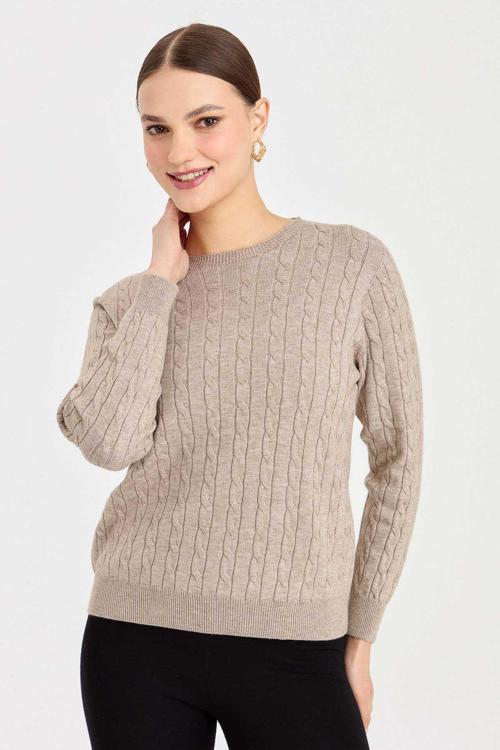 Kadın Sıfır Yaka Saç Örgülü Kazak 3329 Vizon