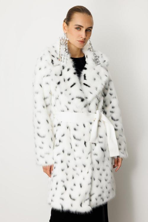 Kadın Kruvaze Yaka Benekli Kürk 6105 Ekru