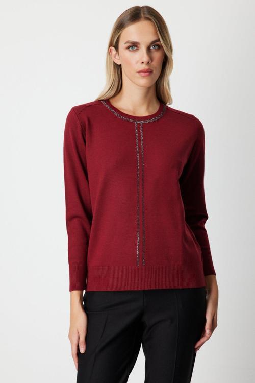 Kadın Taş İşlemeli Triko Kazak 65397 Bordo