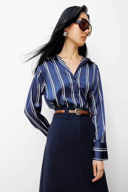 Kadın Çizgili Saten Gömlek 64300 Laci-Ekru