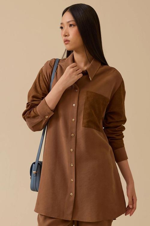 Kadın Süet Cep Detaylı Düğmeli Gömlek 1009 Kahverengi