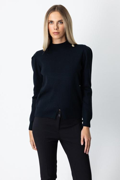 Kadın Dik Yaka Düğme Detaylı Kazak 65331 Siyah