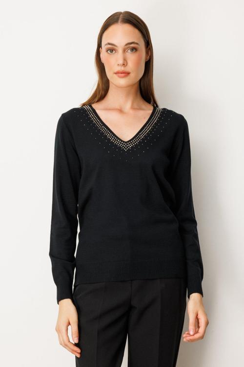 Kadın Yakası Taşlı Triko Kazak 65314 Siyah
