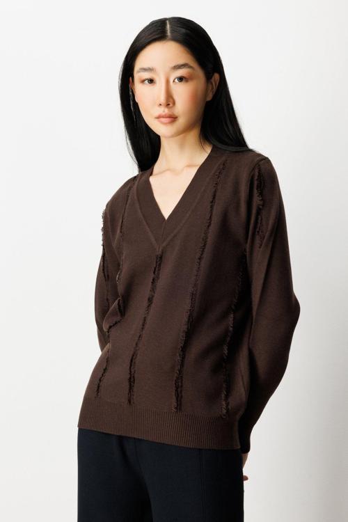 Kadın Yaka Şerit Kırçıllı Triko Kazak 65321 Kahverengi