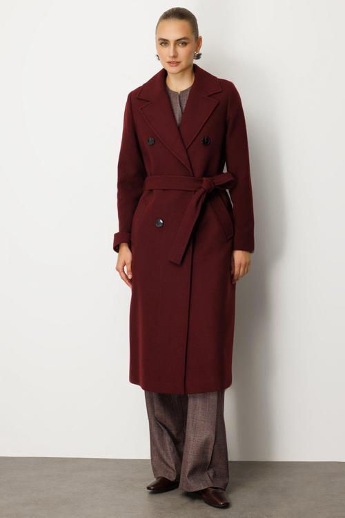 Kadın Beli Kuşaklı Kruvaze Yaka Kaban 6063 Bordo