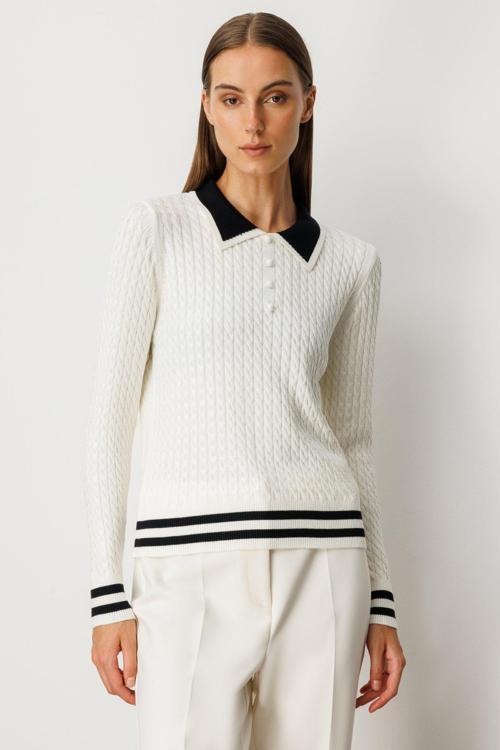 Kadın Polo Yaka Örgü Desenli Triko Kazak 65332 Ekru