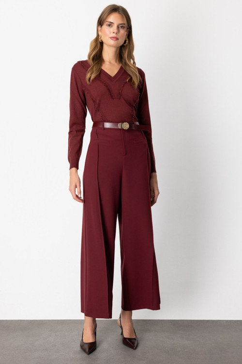 Kadın Beli Kemerli Bol Paça Pantolon 64133 Bordo