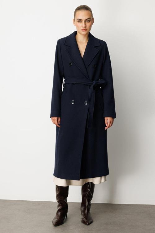 Kadın Beli Kuşaklı Kruvaze Yaka Kaban 6063 Lacivert