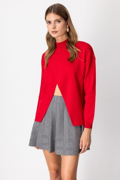 Kadın Dik Yaka Asimetrik Kesim Triko Kazak 65343 Kırmızı