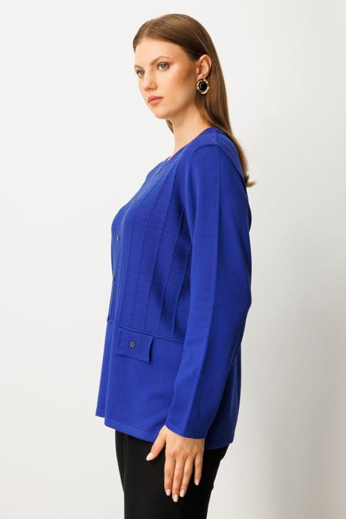 Kadın Kabartma Desenli Süs Düğmeli Triko Kazak 65358 Saks