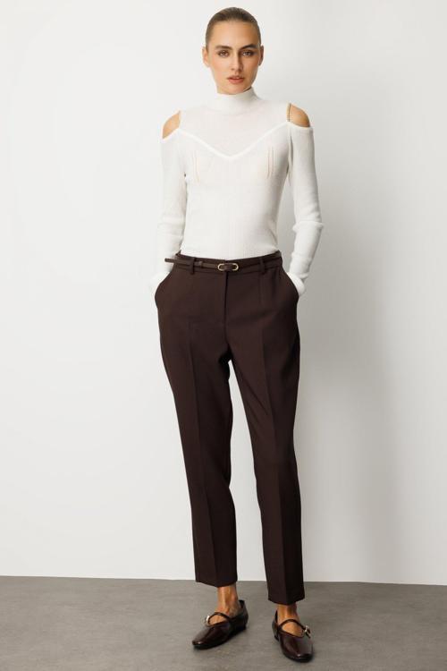Kadın Beli Kemerli Dar Paça Pantolon 1013 Kahverengi