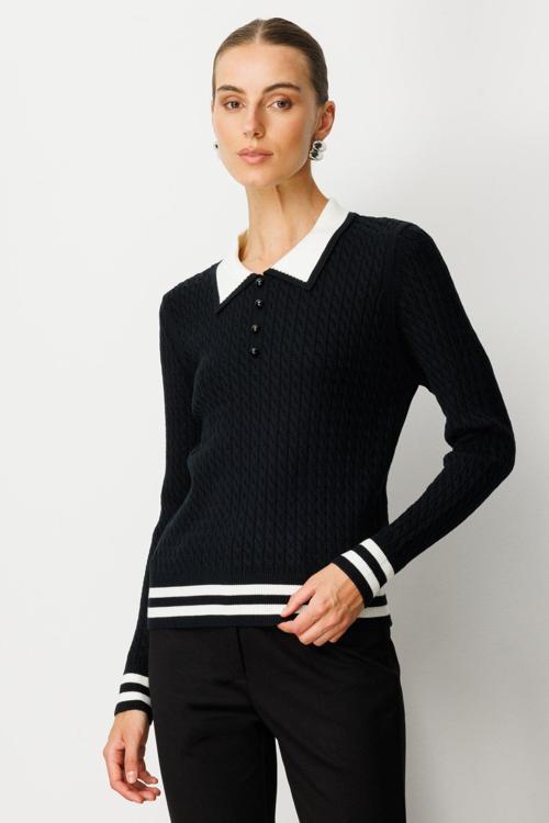 Kadın Polo Yaka Örgü Desenli Triko Kazak 65332 Siyah