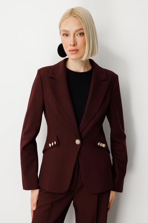 Kadın Omzu Vatkalı Düğme Aksesuarlı Ceket 5017 Bordo