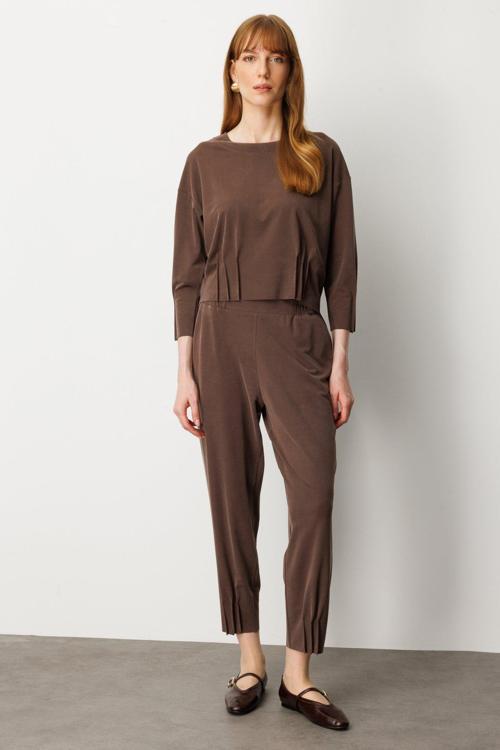 Kadın Beli Lastikli Paçası Dikişli Pantolon 64409 Kahverengi