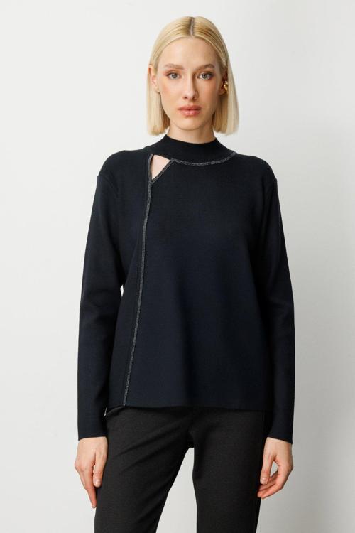 Kadın Pencere Detaylı Taşlı Kazak 65372 Siyah