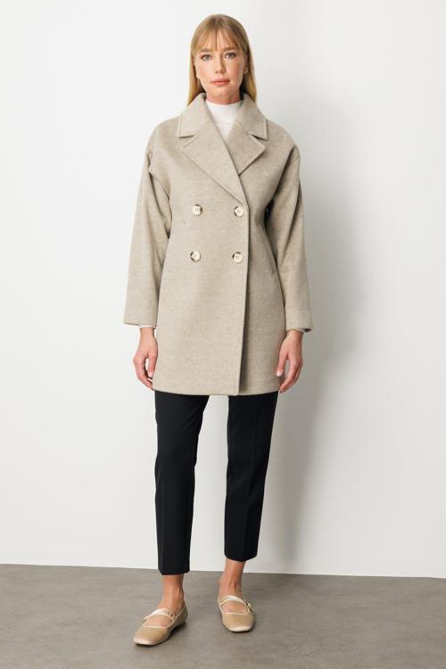 Kadın Kruvaze Yaka Kaşe Kaban 6049 Vizon