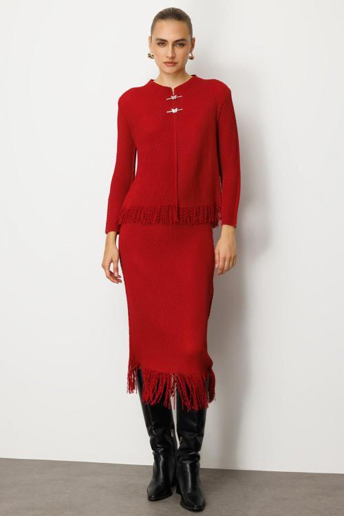 Kadın Beli Lastikli Püsküllü Etek 3911 Bordo