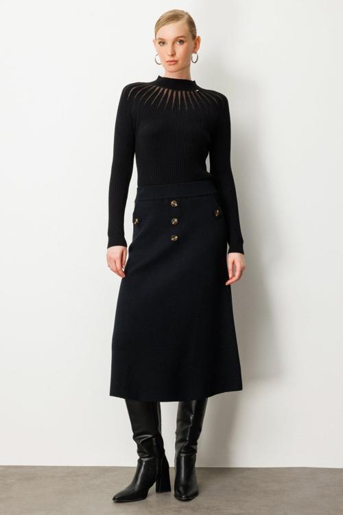 Kadın Düğmeli Triko Etek 65207 Siyah