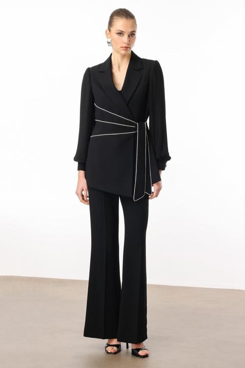 Kadın Kolları Piliseli Şerit Aksesuarlı Ceket 5008 Siyah