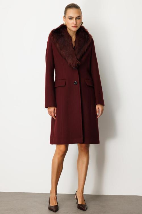 Kadın Yakası Kürklü Kapak Cepli Kaban 6065 Bordo
