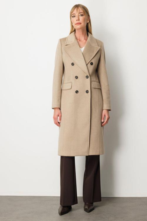 Kadın Kruvaze Yaka Kapak Cepli Kaban 6069 Kum