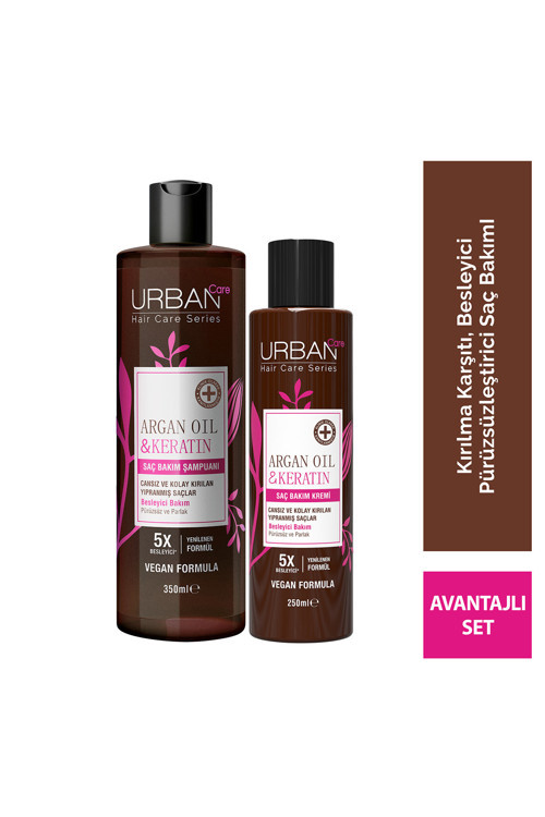 Argan Oil & Keratin Besleyici ve Kırılma Karşıtı Saç Bakım Şampuan Krem 2'li Set-UV Koruma