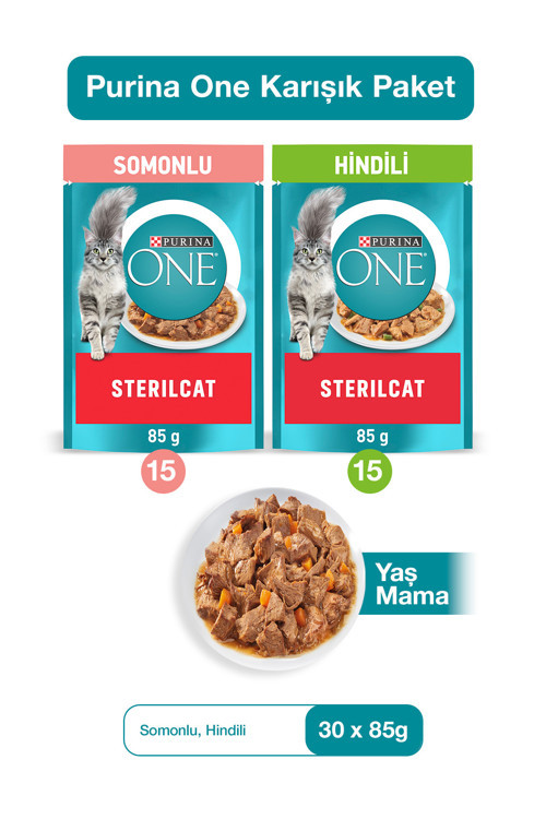 Sterilcat Yaş Kısırlaştırılmış Kedi Maması 30'lu Karma Paket (SOMON 15X85G, HİNDİ 15X85G)