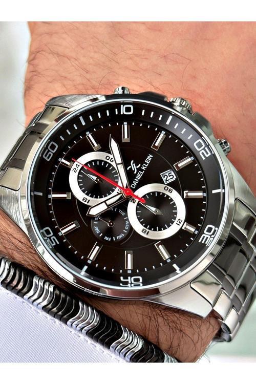 Çelik Kordonlu Takvimli Erkek Kol Saati - Hematit Taş Özel Bileklik Hediye