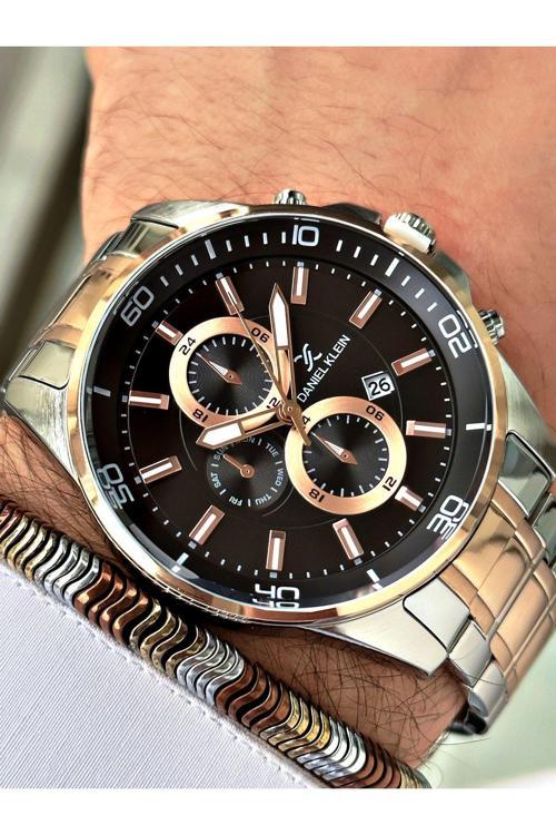 Çelik Kordonlu Takvimli Erkek Kol Saati - Hematit Taş Özel Bileklik Hediye