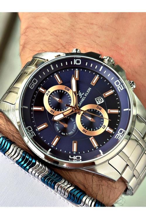 Çelik Kordonlu Takvimli Erkek Kol Saati - Hematit Taş Özel Bileklik Hediye