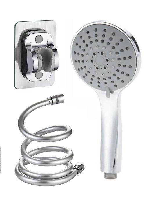 5 Fonksiyonlu Büyük Boy Krom Duş Başlığı 150Cm Pvc Hortumlu Yapışkan Mafsallı Duş Seti