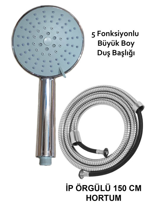 Krom Büyük Duş Başlığı 5 Fonksiyonlu & 150 Cm İp Örgülü Süper Dayanıklı Hortum