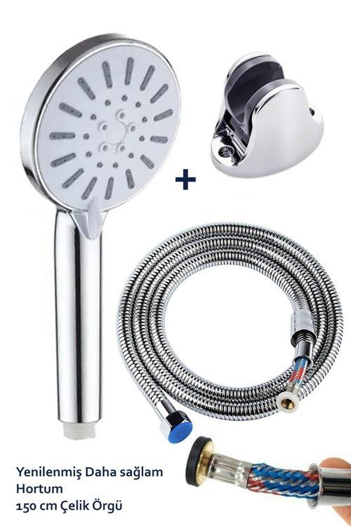 Tazyikli Yüksek Basınçlı Duş Başlığı 150Cm Çelik Örgülü Hortumlu Mafsallı Duş Seti