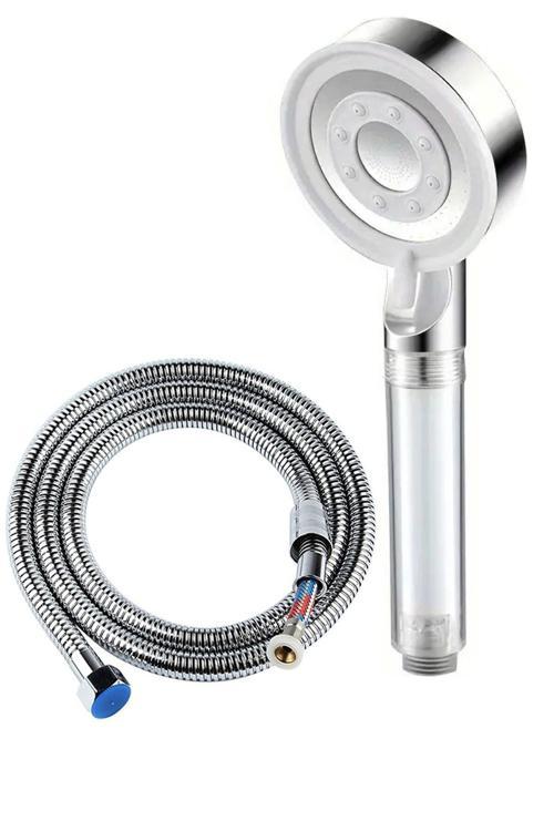 Filtreli Beyaz Çelik 5 Fonksiyonlu Duş Başlığı Seti – 150 Cm Çelik Örgülü Hortum 2 Parça