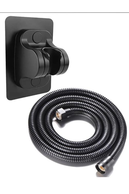 Siyah 15 Kg Taşıyabilen Sudan Etkilenmeyen Sticker Duş Askısı Ve Siyah 1,5M Örgülü Duş Hortumu