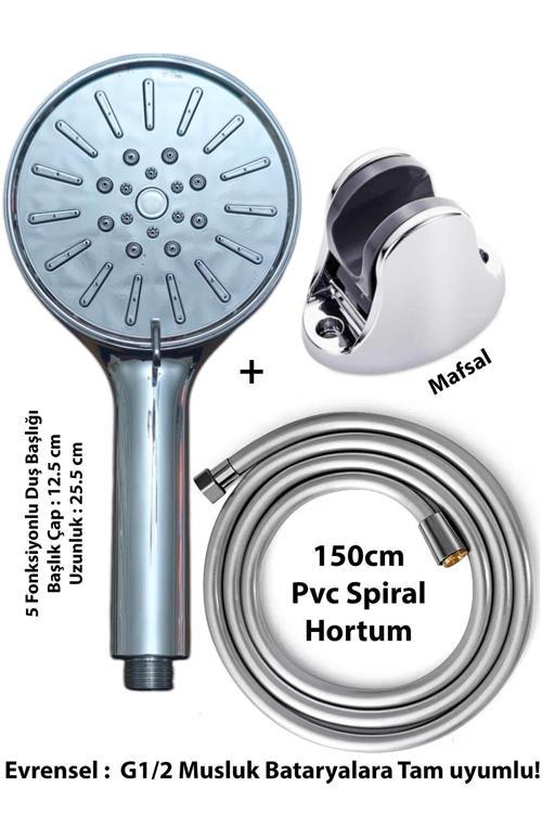 Büyük 5 Fonksiyonlu Duş Başlığı Mafsal Ve 150Cm Güçlü Hortum Duş Seti