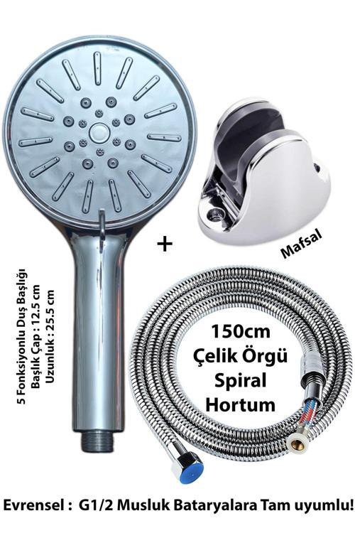 5 Fonksiyonlu Krom Kaplama Gri Duş Başlığı & Mafsal Ve 150Cm Güçlü Hortum Duş Seti