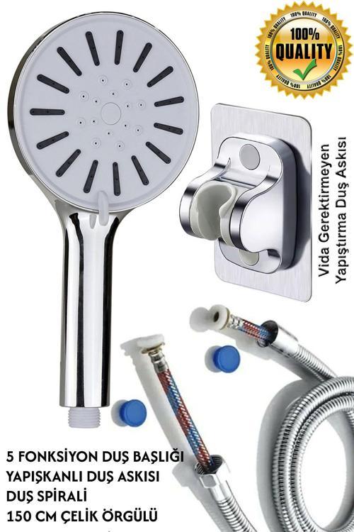 Kaliteli Tayzikli 5 Fonksiyon Duş Başlığı + Spiral Çelik Örgülü Duş Hortumu + Yapışkanlı Mafsal